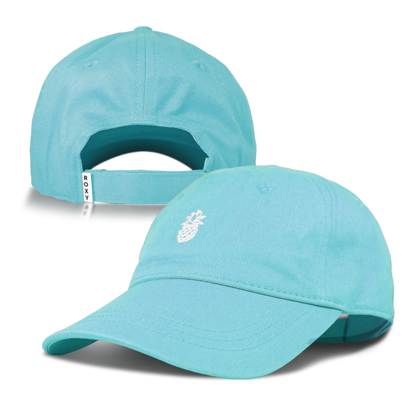 Discover two angles of the Roxy Next Level Cap, a women’s baseball hat made from soft cotton twill. This stylish cap showcases a light blue design with a white embroidered pineapple on the front, an adjustable strap with ROXY detailing on the back, and a classic curved visor for both sun protection and fashion-forward flair.