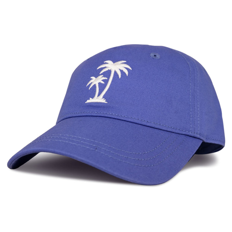 The Roxy Next Level Cap is a blue women’s baseball hat made from soft cotton twill, featuring a curved visor and two white embroidered palm trees on the front.