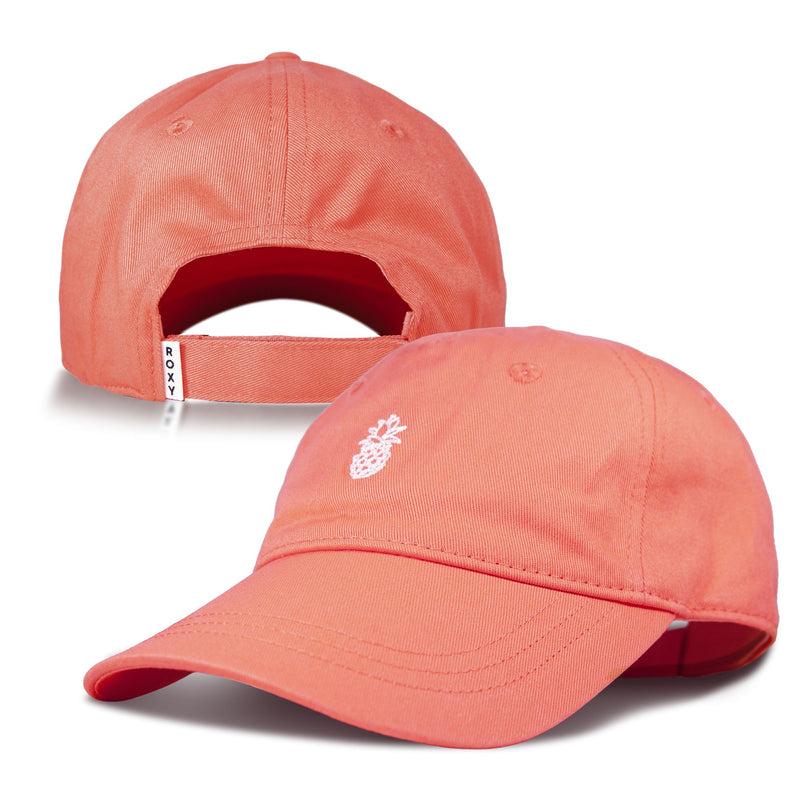 Shown from two angles, the Roxy Next Level Cap is a coral pink women’s baseball hat crafted from soft cotton twill. It features a small white embroidered pineapple on the front, an adjustable strap at the back with a signature ROXY tag, and a curved visor for timeless style in this playful accessory.