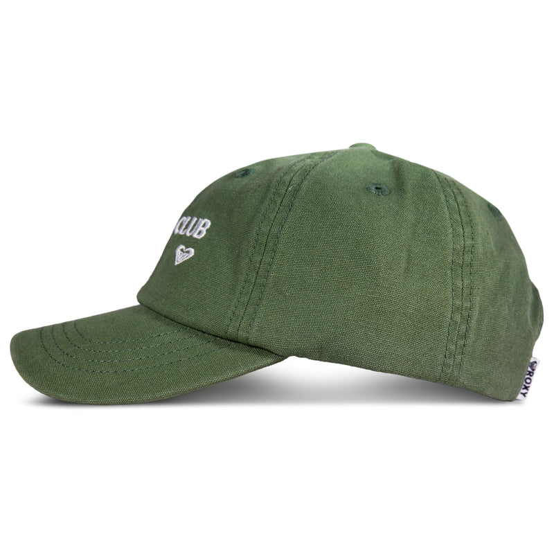 The Toadstool Cap by Roxy features green fabric with white embroidery on the front and a small white tag on the side, showcased in a profile view—this sleek baseball hat perfectly captures cool, signature Roxy style.