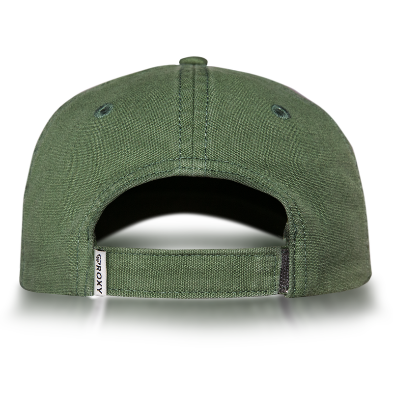 The Roxy Toadstool Cap is a green baseball hat viewed from the back, complete with an adjustable strap and a small white Roxy logo tag on the left side—ideal for fans of stylish Roxy baseball caps.