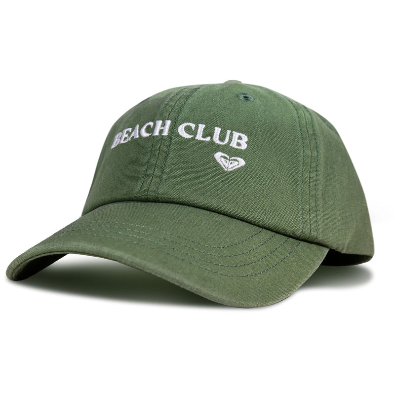 Olive green Toadstool Cap by Roxy, featuring white embroidered BEACH CLUB text and a small logo beneath it on the front. Inspired by classic Roxy baseball hats, this cap showcases visible stitching and a curved brim for a relaxed yet stylish appearance.