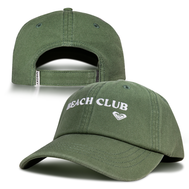 Two views of the olive green Toadstool Cap by Roxy, featuring white BEACH CLUB text and a small logo on the front, along with an adjustable strap and branded tag at the back. This stylish cap captures Roxy’s signature laid-back vibe while delivering a modern take on classic baseball hats.