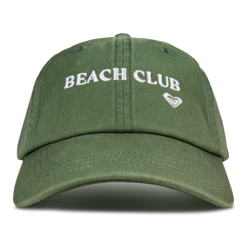 Oil green Toadstool Cap by Roxy, featuring the words BEACH CLUB embroidered in white above a small white heart on the front, displayed against a plain white background. Perfect for fans of cool style, this cap embodies the laid-back vibe of classic Roxy baseball hats.