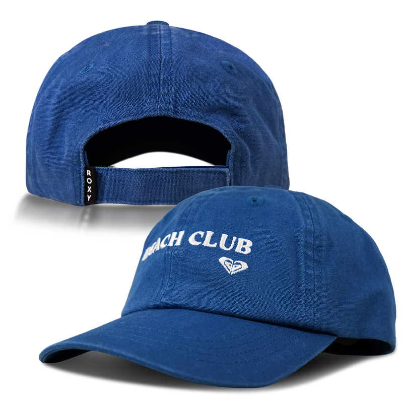Two views of the Toadstool Cap by Roxy: one shows the front with “Beach Club” and a logo embroidered in white, while the other reveals the back with an adjustable Velcro strap labeled Roxy. This sleek blue cap effortlessly combines cool style with the signature quality found in all Roxy hats.