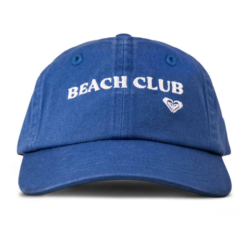 Add cool style to your look with the Roxy Toadstool Cap in Dutch Blue, featuring “BEACH CLUB” embroidered in white on the front and a small white heart-shaped design below—perfect for fans of sleek baseball hats.