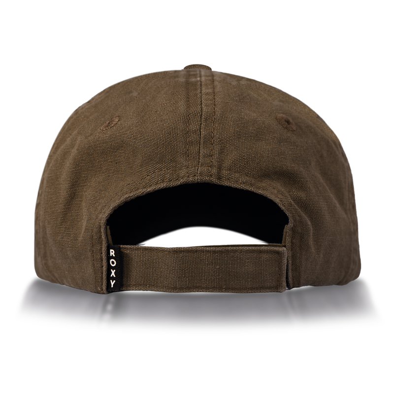 Back view of the Roxy Toadstool Cap in brown featuring an adjustable strap. “ROXY” is stitched vertically in white on the left side of the strap, giving it a stylish touch. The background is plain white.