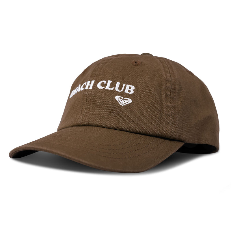 Introducing the Toadstool Cap by Roxy—a brown baseball cap featuring “BEACH CLUB” embroidered in white on the front, with a small heart-shaped logo beneath the text. This piece perfectly captures the signature cool style of Roxy baseball hats.