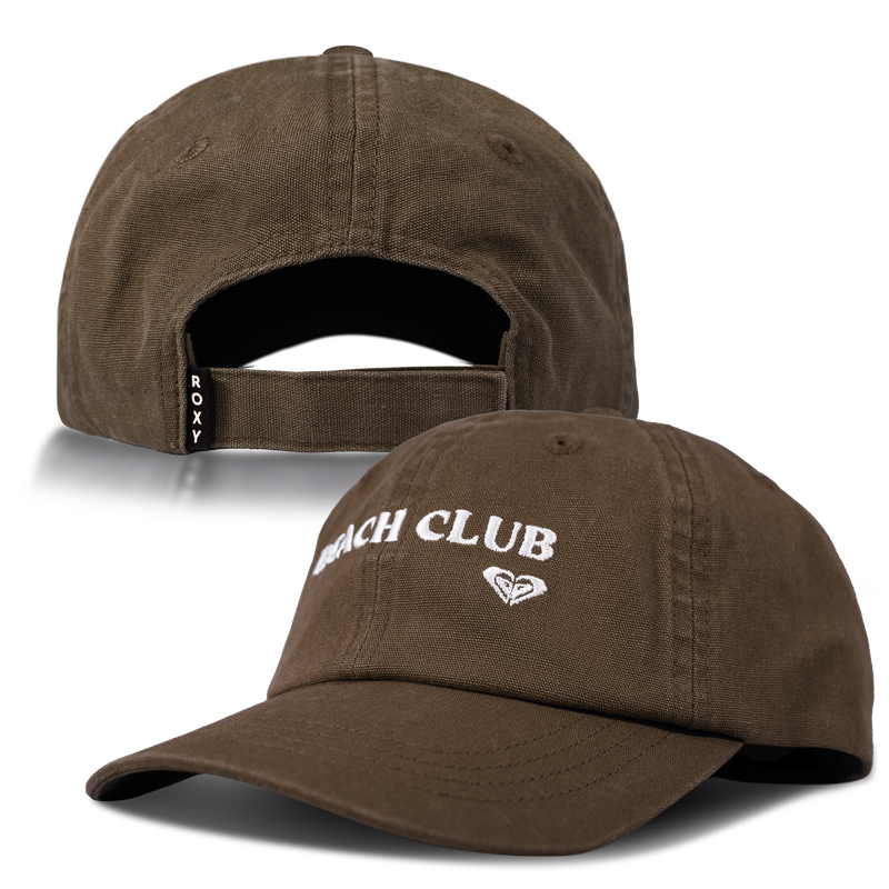 Two views of the Toadstool Cap by Roxy: the front features “BEACH CLUB” and a small logo embroidered in white, while the back displays an adjustable strap with the ROXY brand name. This stylish cap is ideal for fans of Roxy baseball hats looking to add a sleek touch to their casual wardrobe.