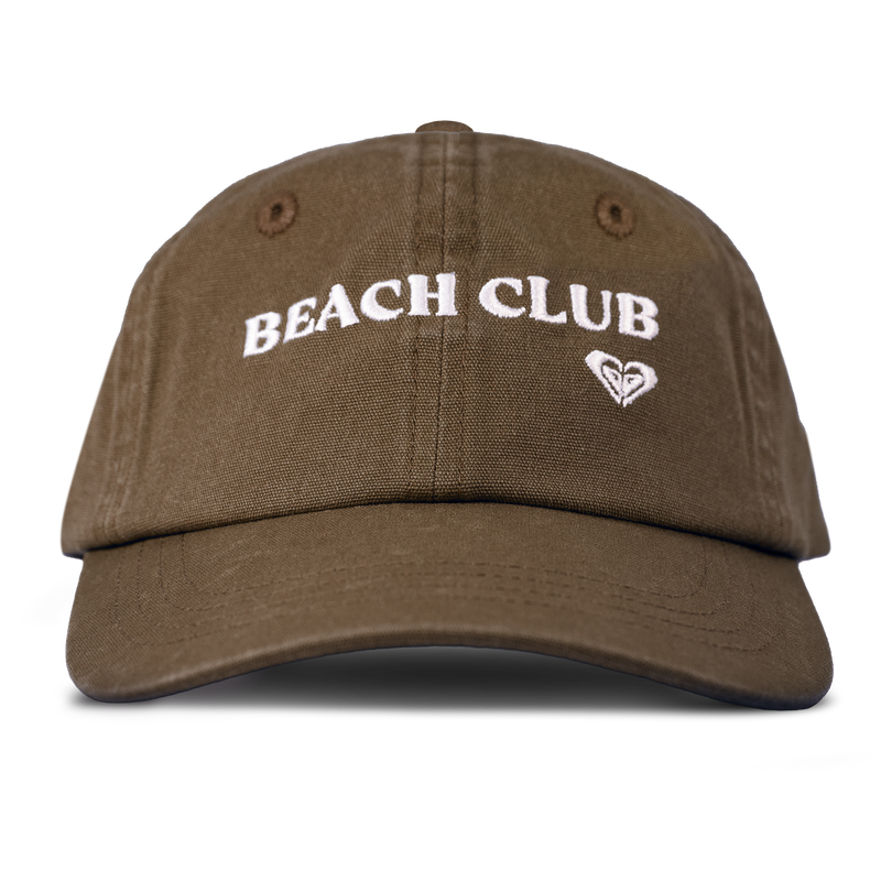 Roxy’s Toadstool Cap in Brownie features “BEACH CLUB” embroidered in white above a small white logo on the front. Reminiscent of sleek, laid-back Roxy styles, this brown baseball cap stands out against a plain white background.