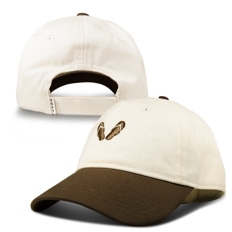 The Roxy Next Level Cap is a two-tone women’s baseball hat, featuring a cream crown and brown brim crafted from soft cotton twill. An embroidered pair of sandals decorates the front, while the curved visor and adjustable back strap provide a comfortable fit.