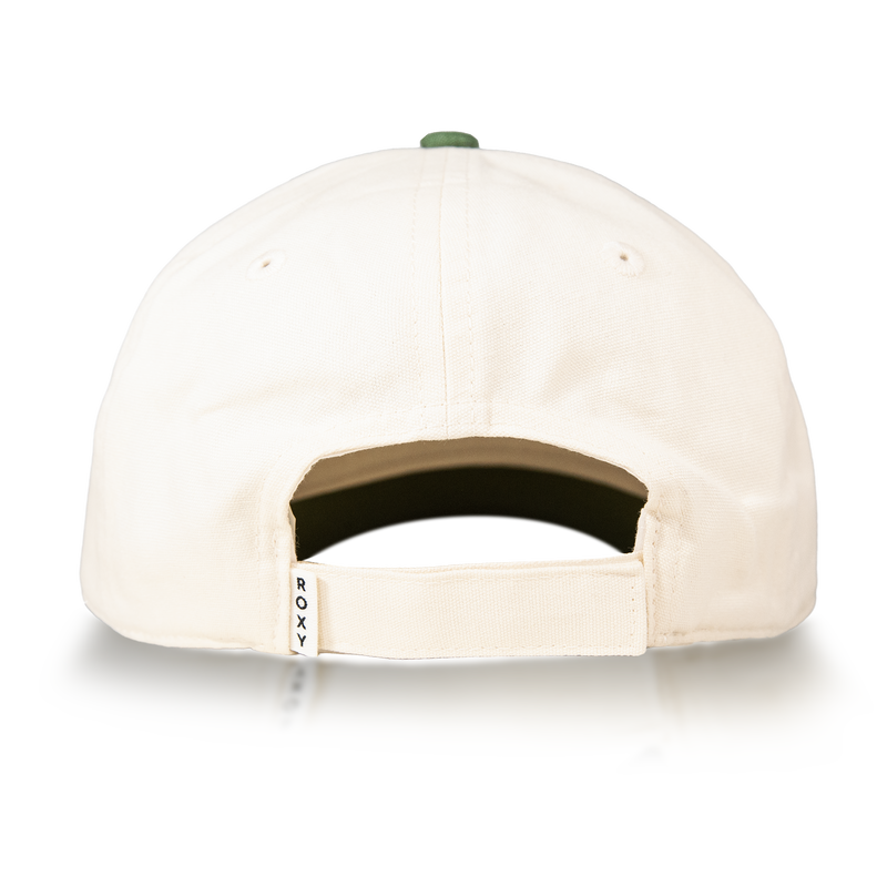 A beige Roxy Next Level Cap for women is shown from the back, highlighting its adjustable strap and a small white ROXY tag. Crafted from soft cotton twill, this baseball hat features a classic curved visor and is displayed against a plain white background.