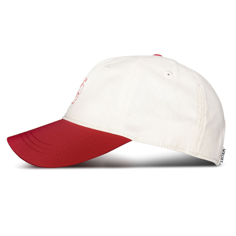 Introducing the Roxy Next Level Cap—a women’s baseball hat featuring white cotton twill fabric, a bold red curved visor, visible stitching, and subtle side embroidery. Finished with a small white tag on the back for added detail.