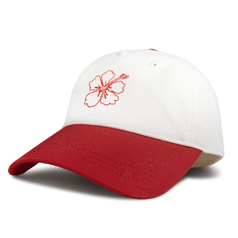 The Roxy Next Level Cap is a women’s white baseball hat with a curved visor, featuring a red brim and a red embroidered outline of a hibiscus flower on the front, crafted from durable cotton twill.