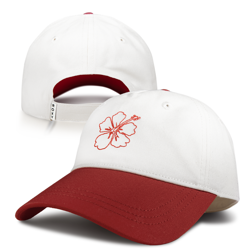 Introducing the Roxy Next Level Cap—a white women’s baseball hat designed in durable cotton twill with a bold red brim. The front features a striking red outline of a hibiscus flower for a fresh, vibrant look. Its classic curved visor complements any casual style, while the adjustable strap at the back ensures a comfortable fit. A small white tag with ROXY branding adds an authentic finishing touch, making this cap your perfect companion for everyday outings.