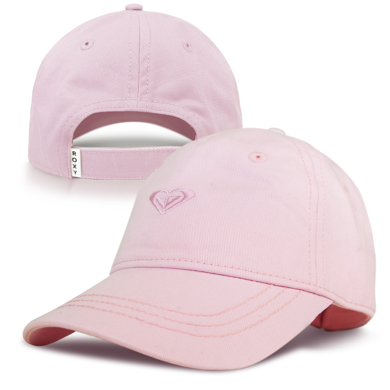 Two angles of the TW Dear Believer Baseball Cap by Roxy: the front showcases an embroidered heart logo, while the reverse reveals an adjustable strap accented with a ROXY tag. This light pink cap makes a playful addition to everyday outfits, photographed against a white background.