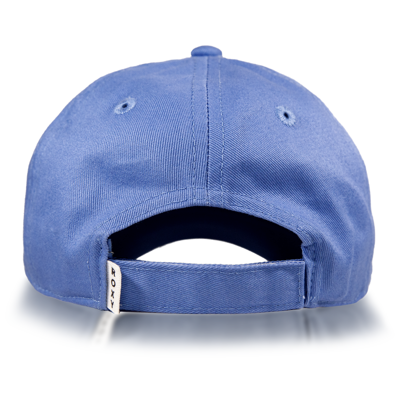 The TW Dear Believer Baseball Cap by Roxy is shown from the back, highlighting its adjustable strap and a small white tag featuring the Roxy logo. This versatile everyday accessory stands out against a clean white background.