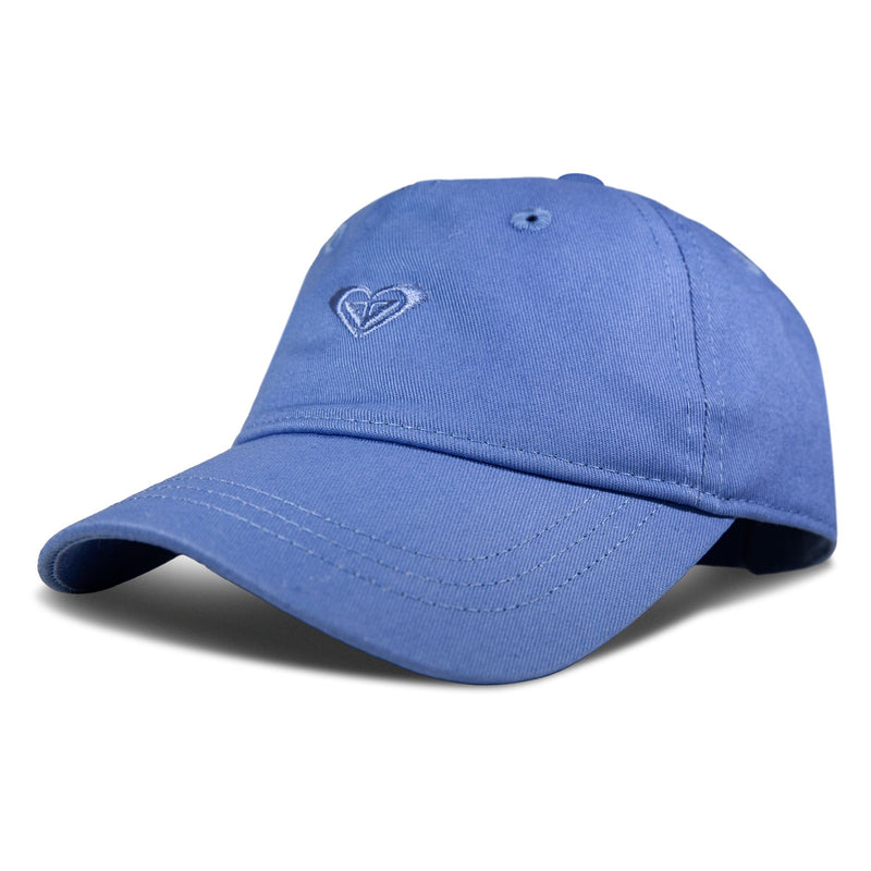 The TW Dear Believer Baseball Cap by Roxy is a versatile blue hat featuring visible stitching and a small embroidered heart-shaped logo on the front, shown against a white background—an ideal everyday accessory.