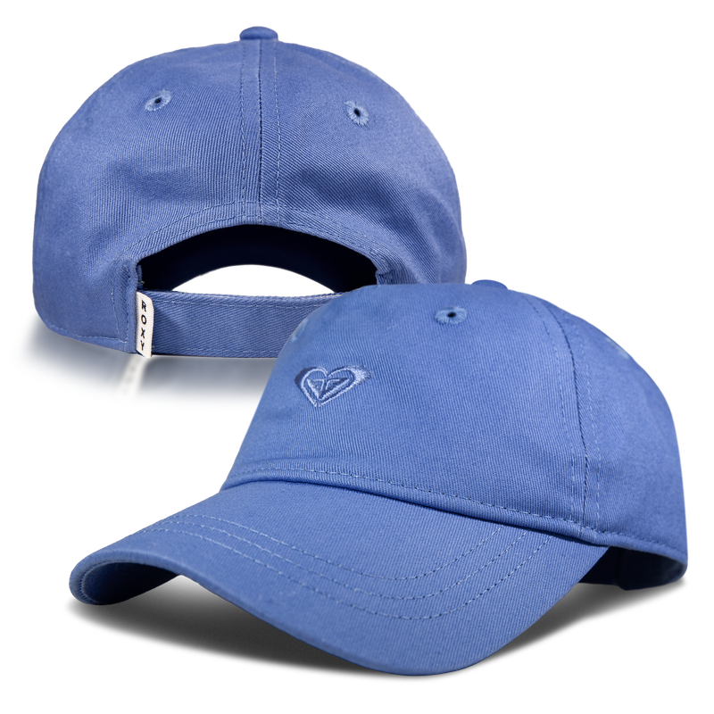 Two views of the Roxy TW Dear Believer Baseball Cap: the front features a small embroidered heart logo, while the back displays an adjustable strap with a white tag—making this blue cap a perfect everyday accessory.