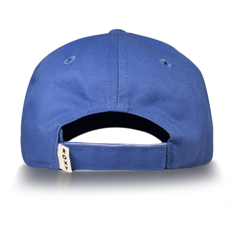 The TW Next Level Baseball Cap by Roxy is shown from the back, highlighting its adjustable strap and a small white tag displaying the Roxy logo. Set against a simple light background, this blue cap is the ideal casual accessory to add a modern touch to any outfit.
