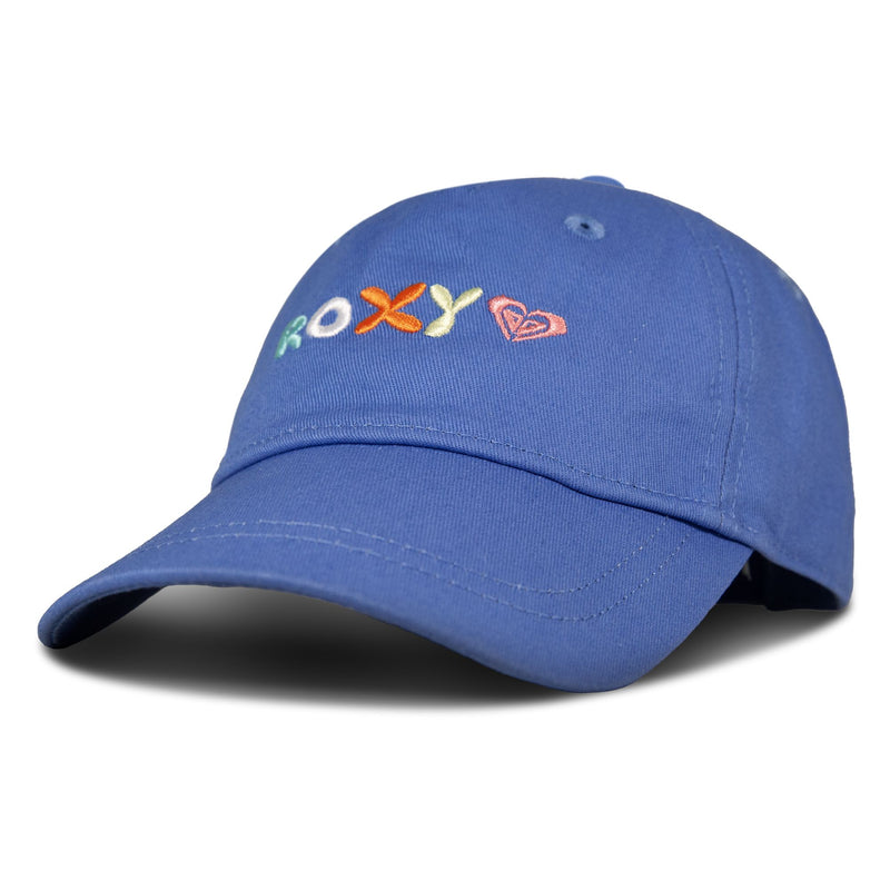 The TW Next Level Baseball Cap by Roxy features a modern design in blue with ROXY embroidered in colorful letters and a small heart logo on the front, making it the perfect casual accessory for any outfit.