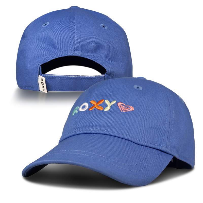 Front and back views of the blue TW Next Level Baseball Cap by Roxy. This modern baseball cap displays “ROXY” in vibrant lettering and a red heart logo on the front, while the back includes an adjustable strap with a ROXY tag, making it an ideal casual accessory for any outfit.