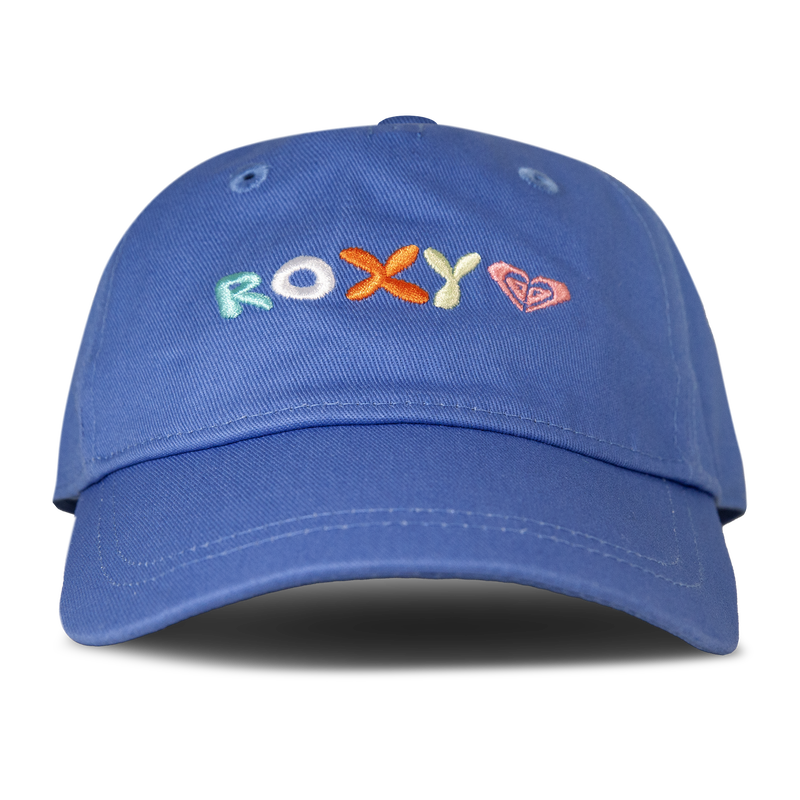 The TW Next Level Baseball Cap by Roxy features a vibrant Very Peri color, colorful ROXY embroidery, and a heart-shaped logo on the front, making it a stylish and modern accessory for any outfit.