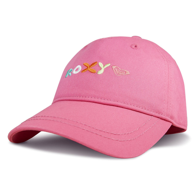 The TW Next Level Baseball Cap by Roxy features ROXY embroidered in colorful letters on the front, accompanied by a small heart-shaped logo, making it a versatile accessory and an everyday essential.