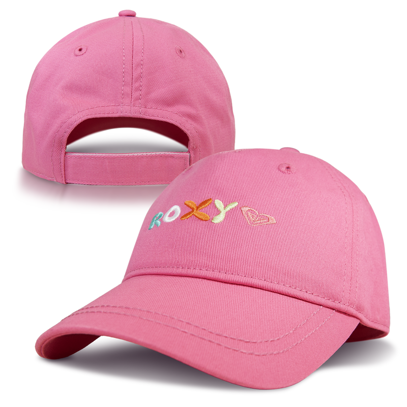 Two views of the TW Next Level Baseball Cap by Roxy: The front features “ROXY” embroidered in colorful letters with a small heart logo, while the back includes an adjustable strap—making this pink baseball cap a versatile accessory for any outfit.