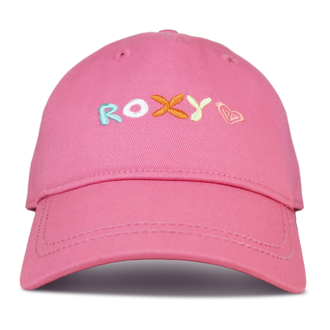 The Roxy TW Next Level Baseball Cap in Sangria Sunset features “ROXY” embroidered in colorful letters on the front, accompanied by a small heart-shaped logo beside the text, making it a versatile accessory and an everyday essential for any casual look.