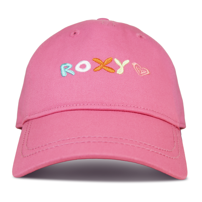 The Roxy TW Next Level Baseball Cap in Sangria Sunset features “ROXY” embroidered in colorful letters on the front, accompanied by a small heart-shaped logo beside the text, making it a versatile accessory and an everyday essential for any casual look.