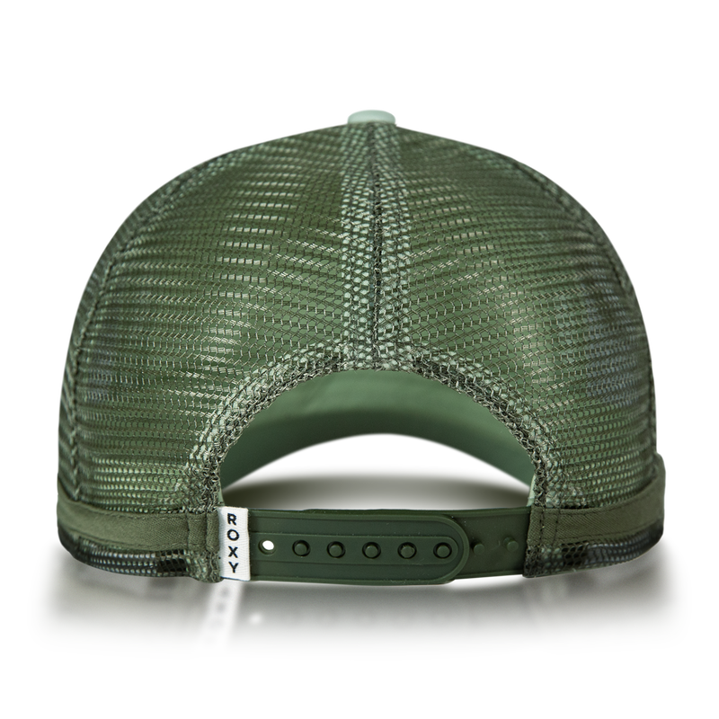 Back view of the Roxy Dig This Trucker, showcasing its green mesh construction, lightweight feel, and adjustable snapback closure with a small white ROXY tag near the opening—an ideal accessory for anyone living the surf lifestyle.