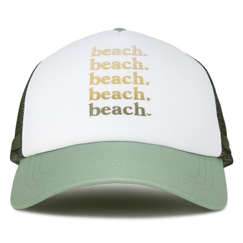 The Roxy Dig This Trucker Hat in Oil Green Beach features a green and white design with “beach.” printed four times in gold on the front, offering a lightweight style that’s perfect for embracing a carefree surf lifestyle.