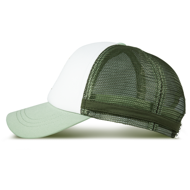 The Roxy Dig This Trucker Hat, shown in profile against a white background, features a lightweight green and white design inspired by the surf lifestyle, with a mesh back panel and a convenient zipper pocket on the side.