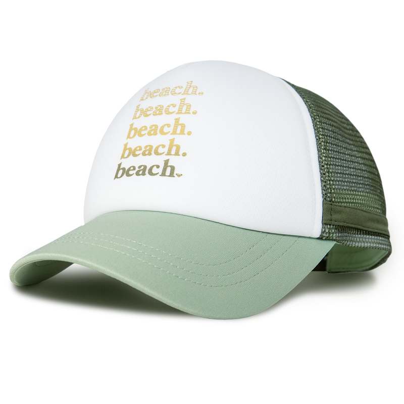 Featuring classic green and white colors with breathable mesh sides, the Roxy Dig This Trucker hat is designed for effortless surf style. The front displays the word “beach.” repeated five times in varying yellow tones, all in a lightweight build that keeps you cool wherever your day takes you.