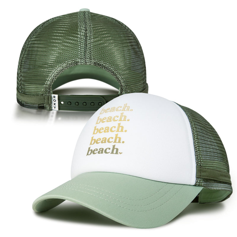 Two green mesh Dig This Trucker hats from Roxy capture the carefree surf lifestyle. The front features white panels with “beach.” printed four times in yellow, channeling a playful vibe. One hat is shown from the back, highlighting its adjustable snap closure and lightweight build—ideal for sunny days.