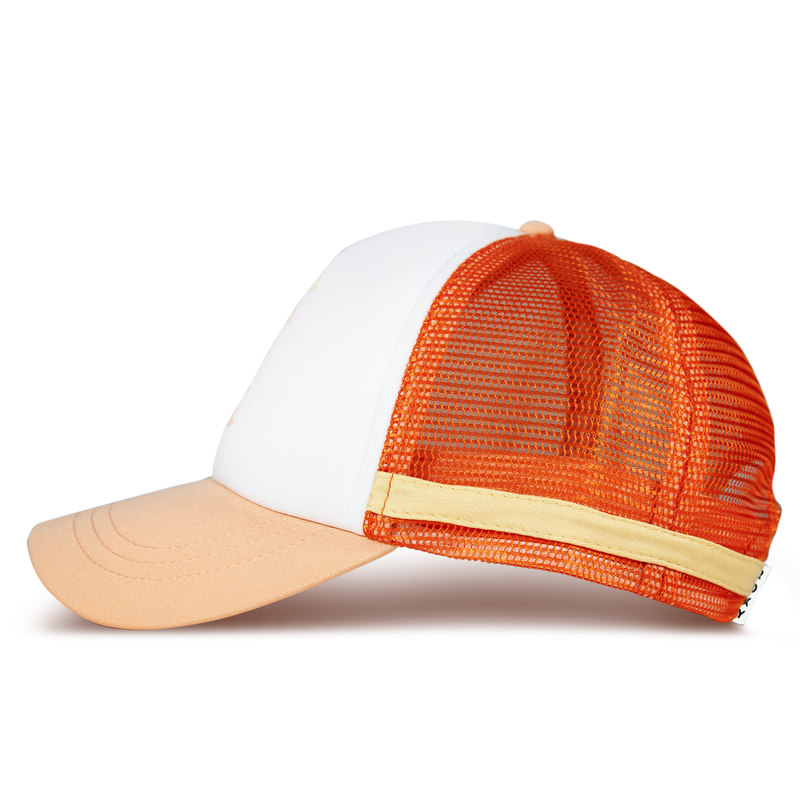 A side view of the Roxy Dig This Trucker hat showcases its surf style, with a white front, beige brim, orange mesh back, and distinctive yellow stripe near the bottom for a lightweight look and feel.