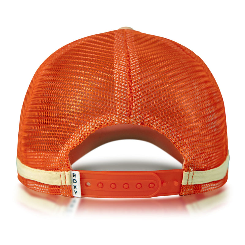 Back view of the Roxy Dig This Trucker hat in vibrant orange mesh with a lightweight design, featuring an adjustable snapback closure and a small white ROXY tag near the opening—perfect for bringing some surf-inspired style to your outfit.