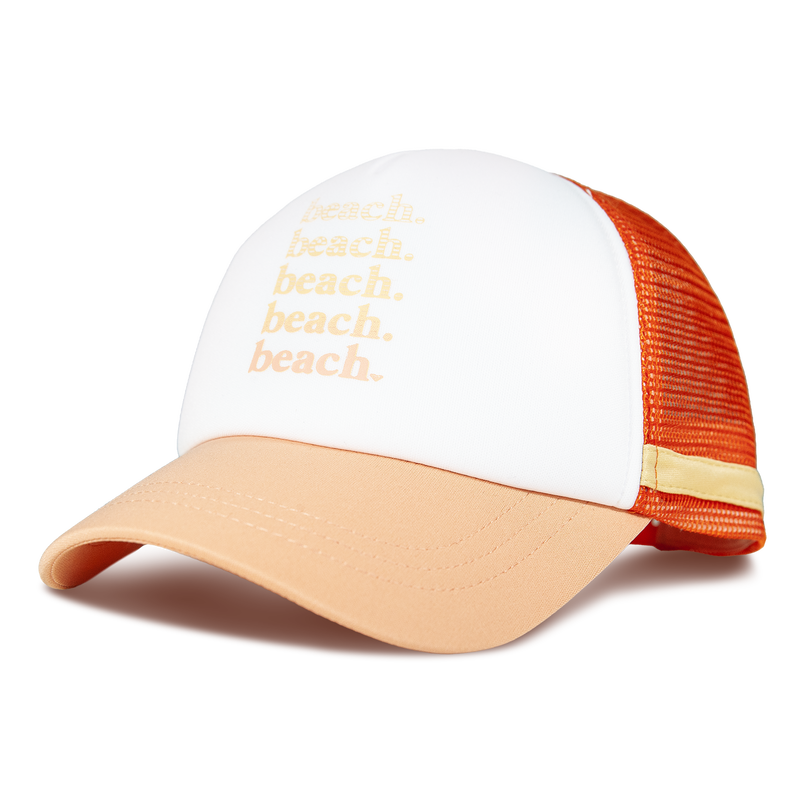 The Roxy Dig This Trucker is a white and orange trucker hat with “beach.” printed five times in yellow on the front. It features a peach-colored bill, an orange mesh back, and a lightweight design ideal for surf style adventures.