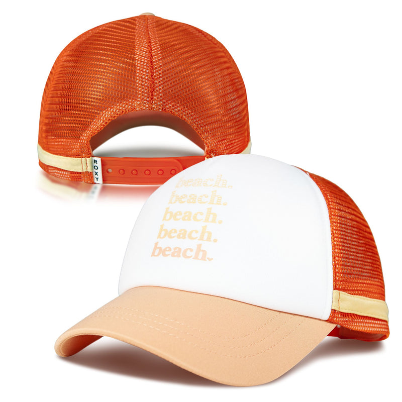 The Dig This Trucker by Roxy features an orange and white mesh design with “beach.” printed repeatedly in yellow across the front. Its adjustable rear strap and lightweight build emphasize a relaxed surf-inspired style.