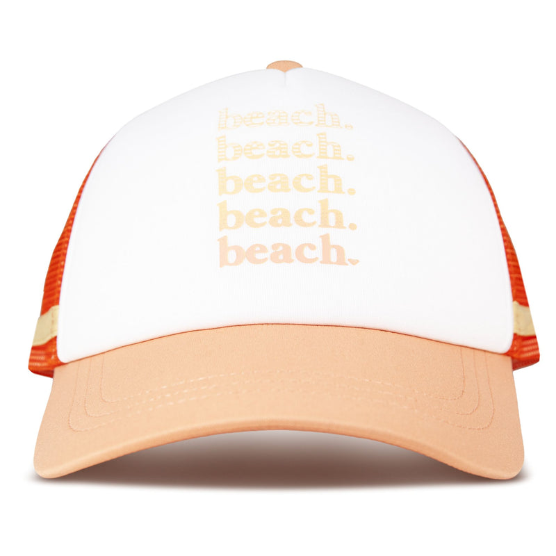 Introducing the Dig This Trucker by Roxy—a lightweight trucker hat in Papaya Punch, featuring “beach.” printed five times in yellow and orange on the front panel, complemented by orange mesh sides and a peach brim for ultimate surf style.