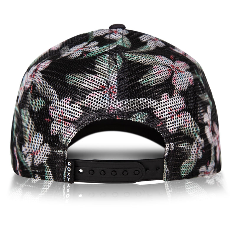 A black mesh Roxy Donut Spain Trucker snapback hat, featuring a pink, green, and white floral pattern; shown from the back to highlight its adjustable strap—an ideal casual accessory for any outing.