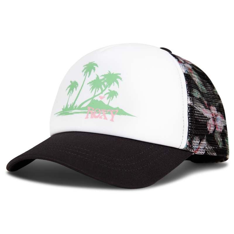 The Roxy Donut Spain Trucker is a white and black mesh-back hat, adorned with green palm trees and the word “Roxy” in pink on the front panel—perfect for adding a laid-back, casual vibe to any outfit.