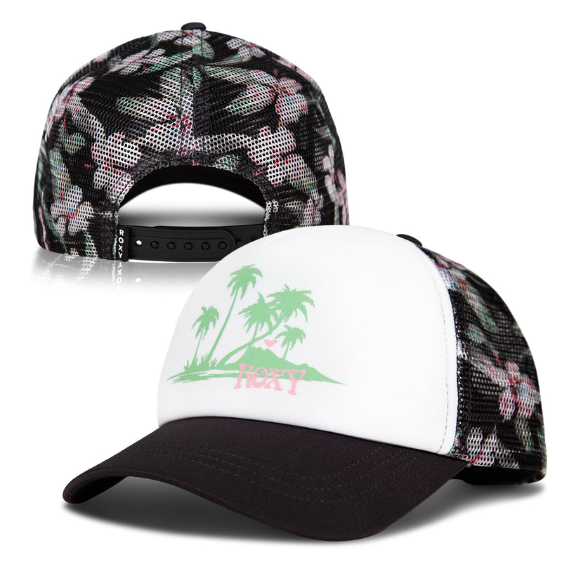 Roxy’s Donut Spain Trucker hat features a black brim and a white front decorated with green palm trees and pink “Roxy” text. The back showcases black mesh with a pink and green floral pattern and an adjustable strap, making this casual accessory perfect for laid-back style.