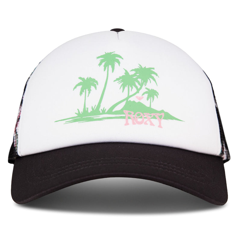 The Roxy Donut Spain Trucker hat in Spring Charming/Anthracite features a pale green palm tree graphic and pink Roxy text on the front, making this casual accessory perfect for adding laid-back vibes to any look.