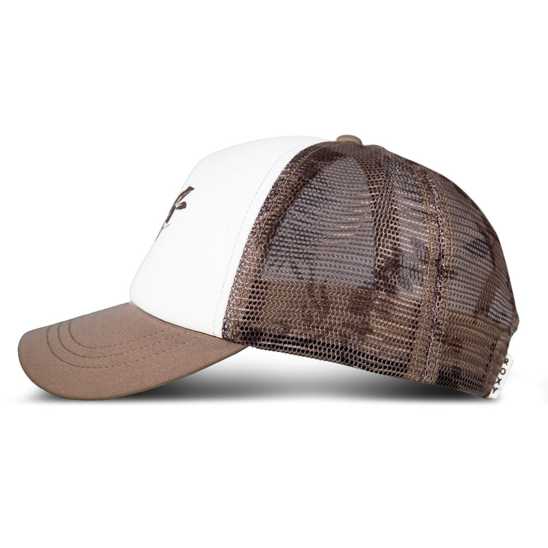 The Donut Spain Trucker by Roxy is a brown and white trucker hat featuring a curved brim and breathable mesh back—an effortlessly playful accessory that adds a laid-back touch to any casual outfit.