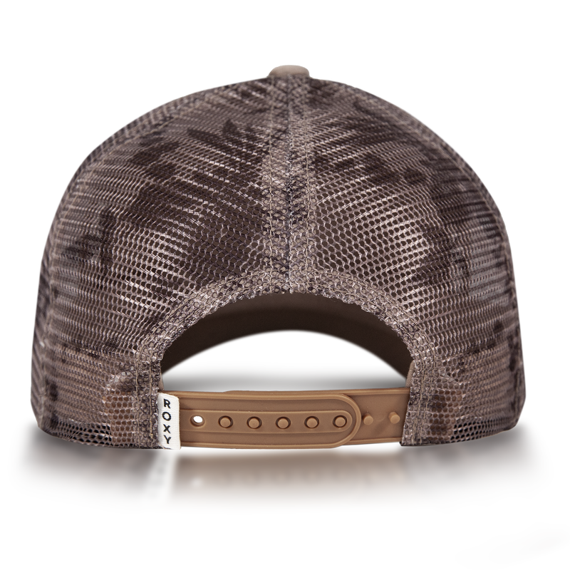The Donut Spain Trucker by Roxy is a brown mesh trucker hat shown from the back, featuring an adjustable snapback closure and a small white tag with ROXY text attached to the left side of the opening. This playful hat is a perfect casual accessory for everyday wear.