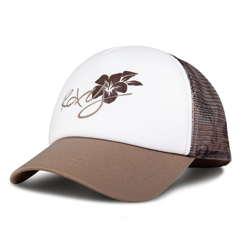 A brown and white Roxy Donut Spain Trucker hat featuring a mesh back and a floral front panel design with the word “Roxy,” making it a fun and casual accessory for any laid-back outfit.