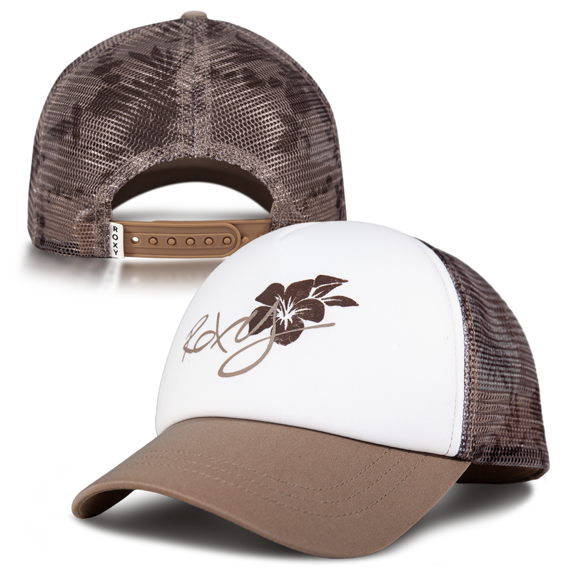 Introducing the Donut Spain Trucker by Roxy, a brown and white mesh trucker hat with a tan brim. This hat features a hibiscus flower and the Roxy logo on the front, while the back has an adjustable snap closure for a comfortable fit. Playful and casual, it’s the perfect accessory for everyday wear.