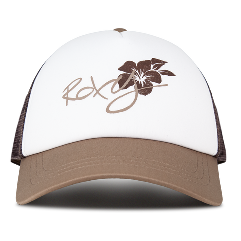 Front view of the Roxy Donut Spain Trucker hat in Sweet Mai/Brownie, featuring a white front panel, brown brim, and mesh sides. The front showcases a brown hibiscus flower and “Roxy” script, making it an ideal casual accessory.